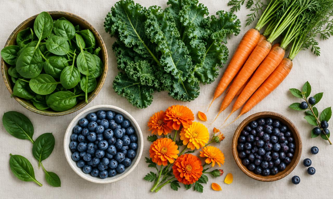 Spinach, kale, carrots, blueberries, bilberries and marigold flowers