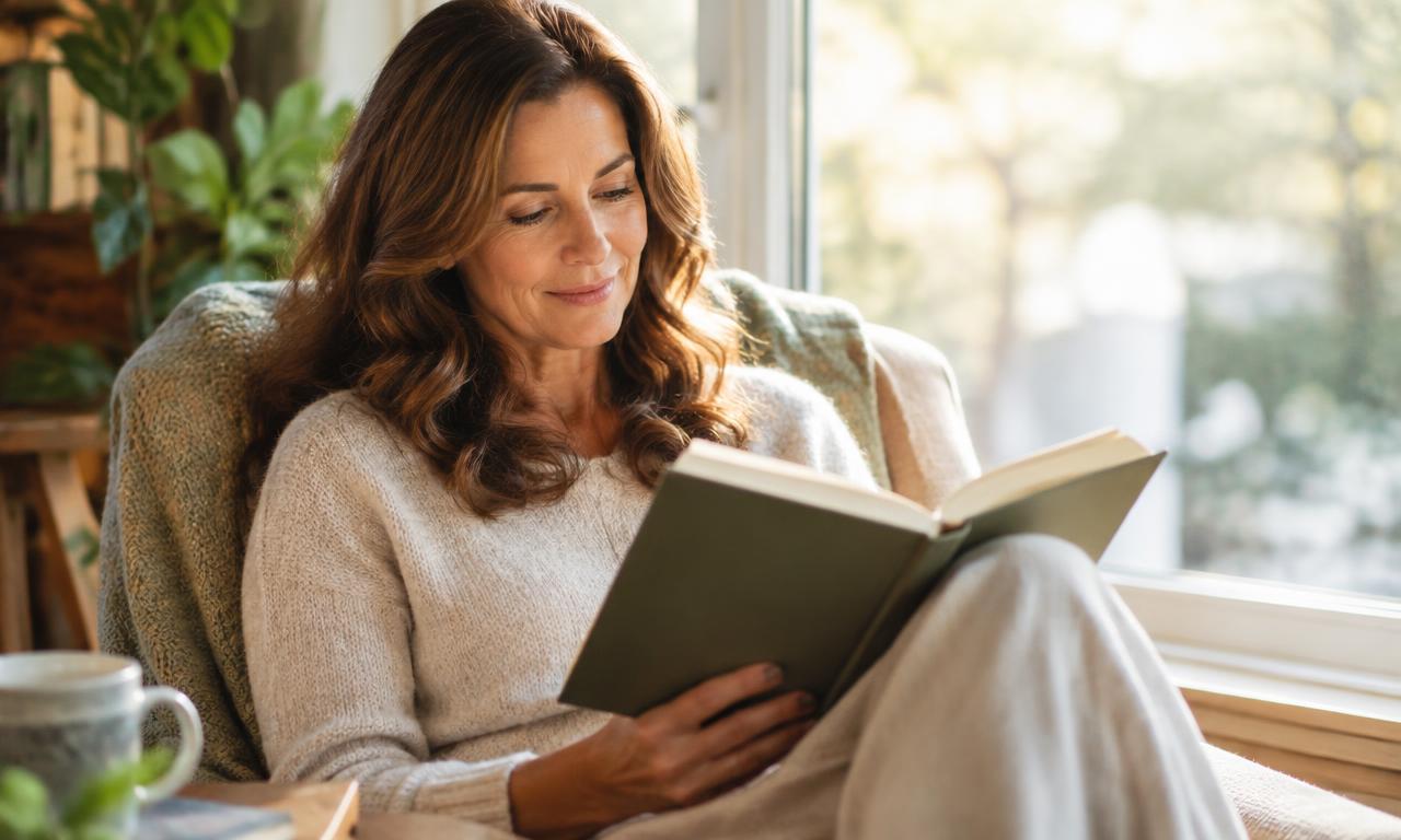Woman comfortably reading a book by the window